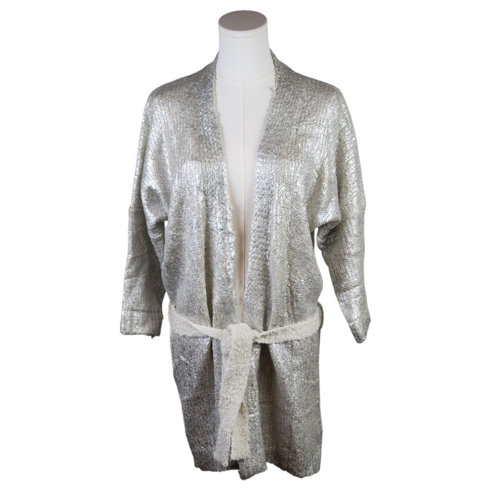 Grifflin Paris Metallic Silver Knit Cardigan S/M Belted Boucle Open Front